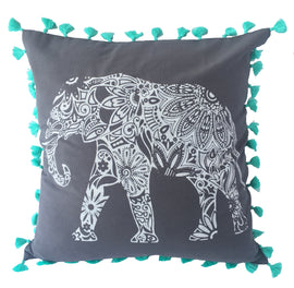 pillow grey/aqua cotton elephant print 20" x 20"