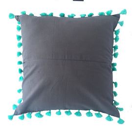 Elephant Print Pillow Grey, Aqua Tassel trim  - 20