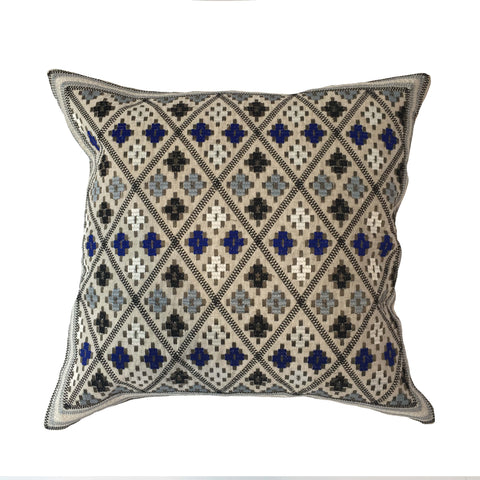 Diamond Pattern Embroidered Pillow, Beige/Blue  - 18" x 18"