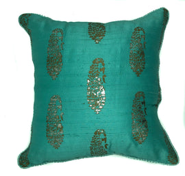 Raw Silk Printed Indian Floral Motif, Aqua Green/Metallic - 16" x 16 "