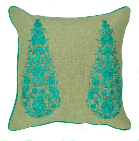 pillow paisley embroidered cotton natural/aqua 16" x 16"