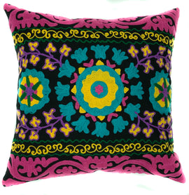 Suzani Style Pillow, Black/Multi-Colour Embroidered - 16" x 16"