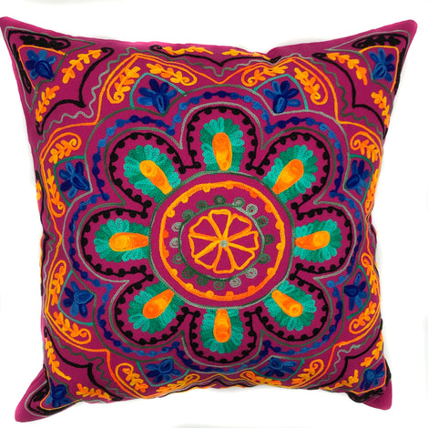 Suzani Style Embroidered Pillow - 20" x 20"