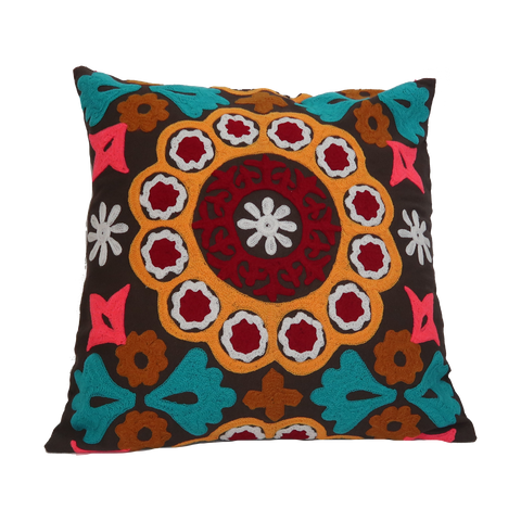 Suzani Style Brown/Multi Colour Embroidered Pillow - 20" x 20"