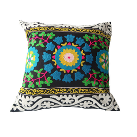 Suzani Style Black Multi-Color Embroidered Pillow - 20" x 20"