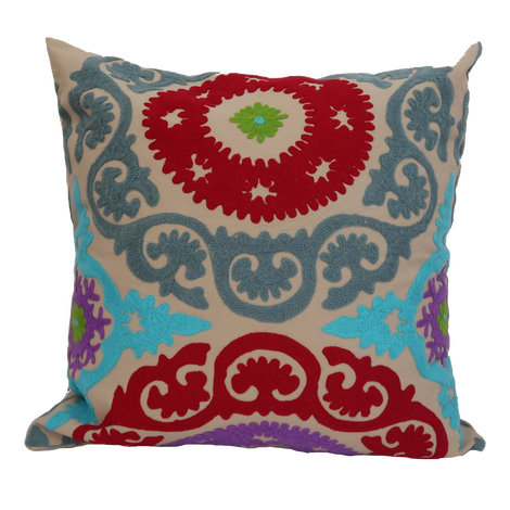 Suzani Style Beige/Red Embroidered Pillow - 20" x 20"
