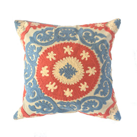 Suzani Style Blue Embroidered Pillow - 16" x 16"