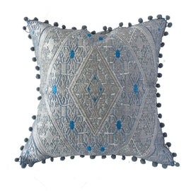 Swat Valley Style Embroidered Pillow, Grey/Turquoise Accents - 16" x 16"